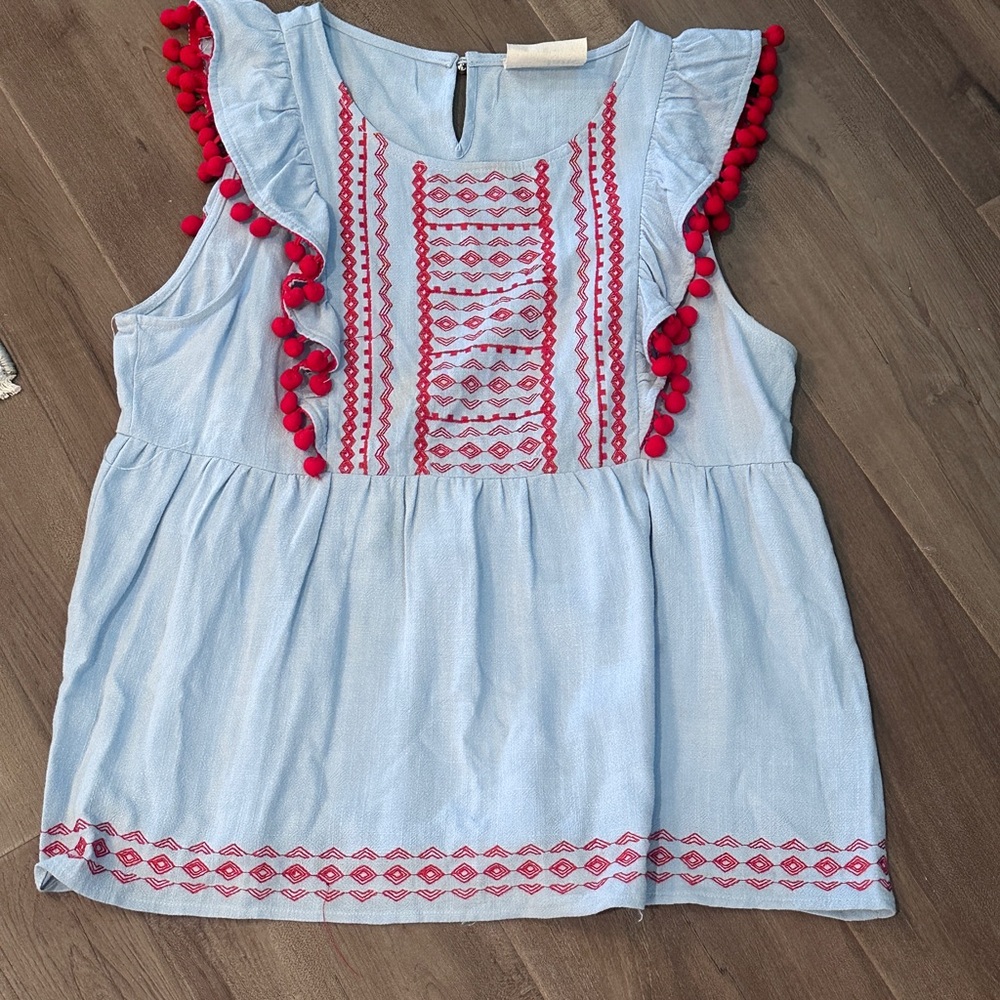 Savanna Jane Light Blue Sleeveless Top with Red Embroidery medium